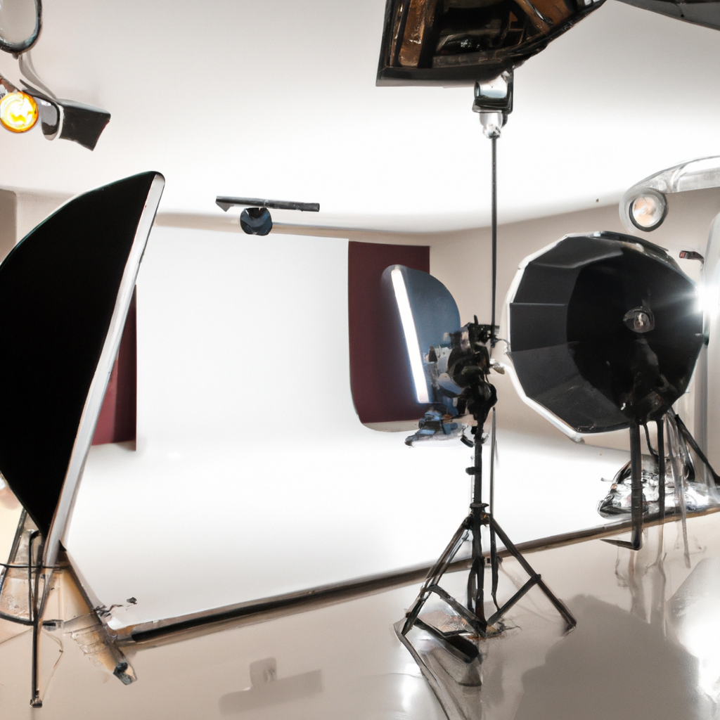 Studio photo moderne à l’Île Maurice avec cyclorama, softboxes et pieds d’éclairage, ambiance chaleureuse.